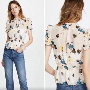Self Portrait Blouse 10 Floral Pink Chiffon Puff Sleeve Peplum US 10 New